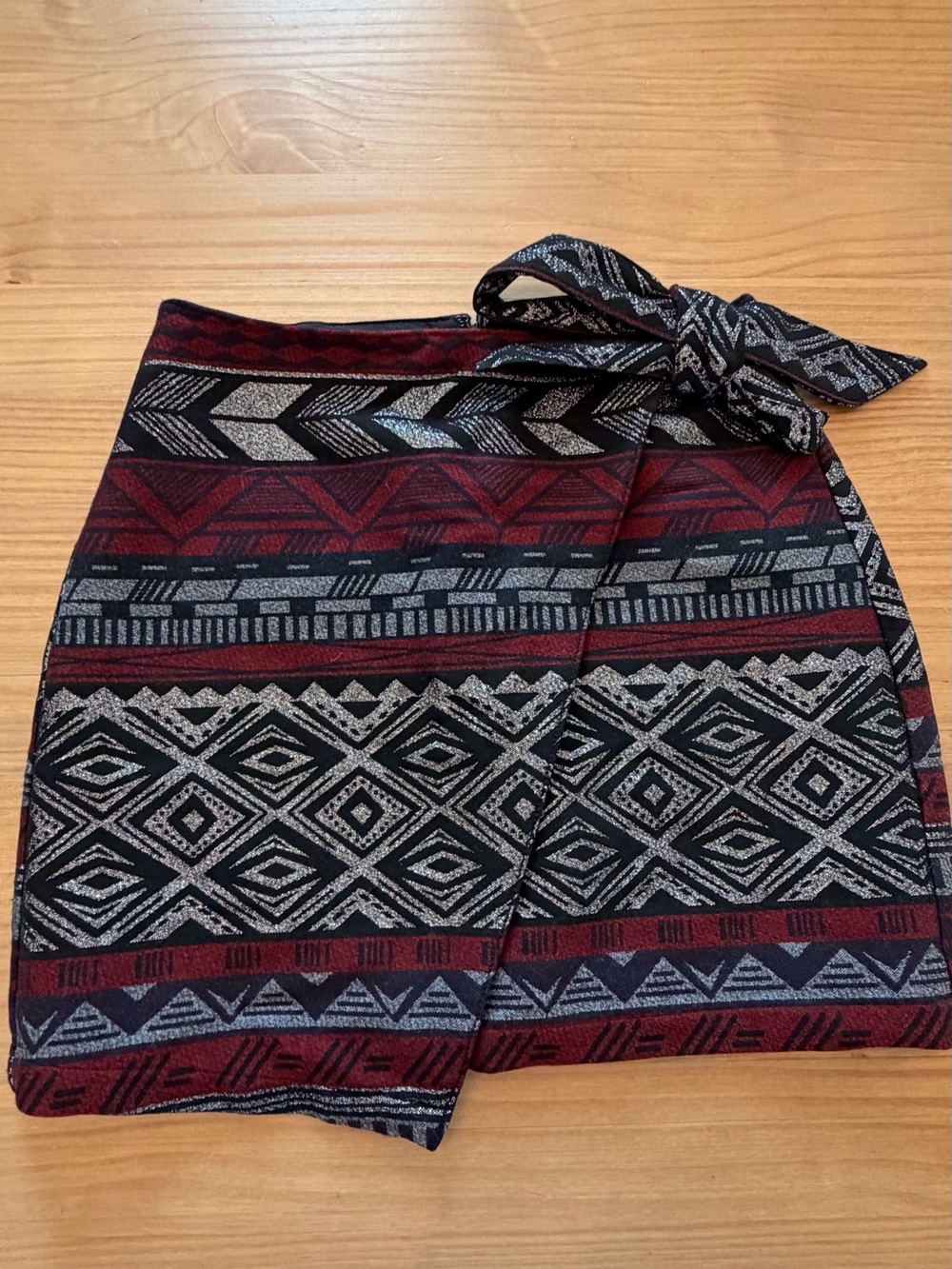 Express Aztec Print Wrap Skirt in Burgundy and Black